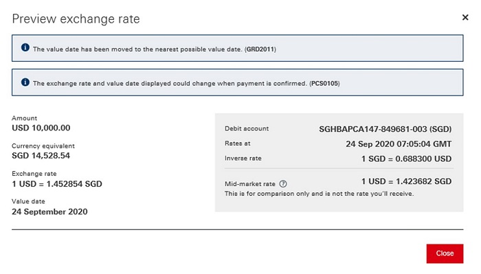 HSBC mid-market rate, preview exchange rate screenshot